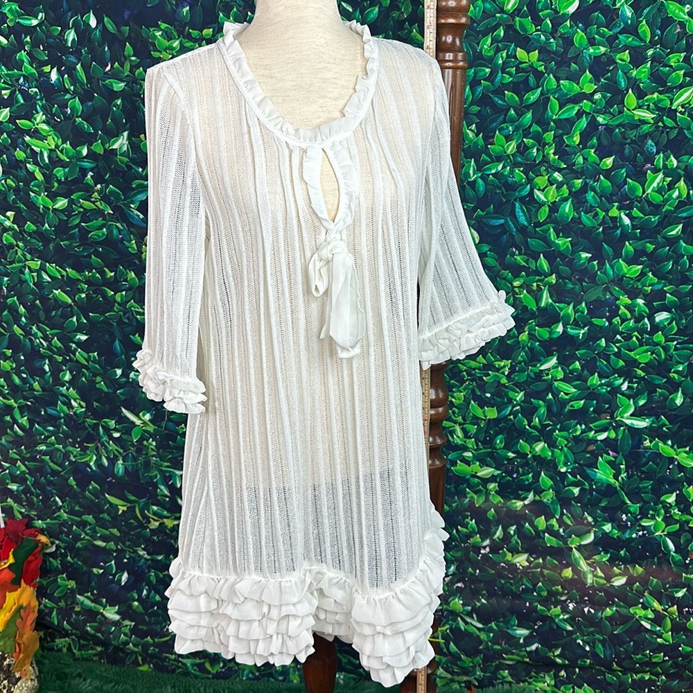 White sheer knit ruffle dress